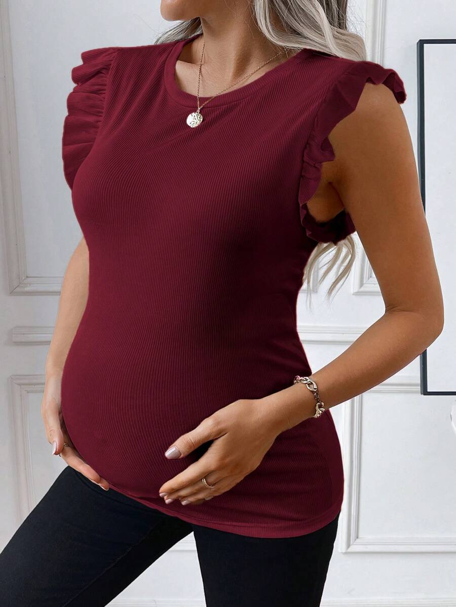 Maternity White Rib Knit Flutter Sleeve Top Slim Fit Ruffle Trim Summer Blouse for Daily Wear & Casual Outfits