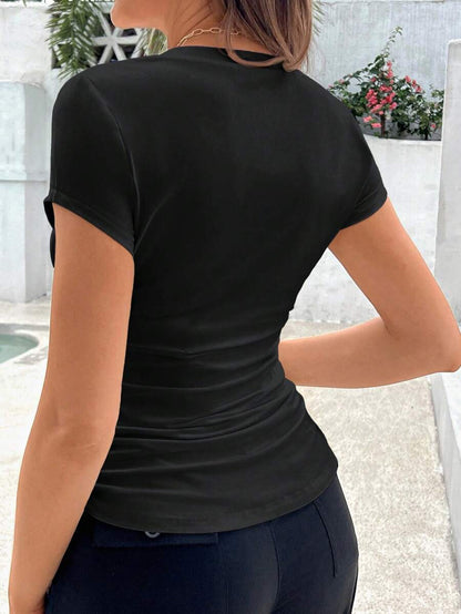 Maternity Slim Fit V-Neck Short Sleeve Pleated T-Shirt in Coffee Brown, Casual Summer Knitted Pregnancy Top