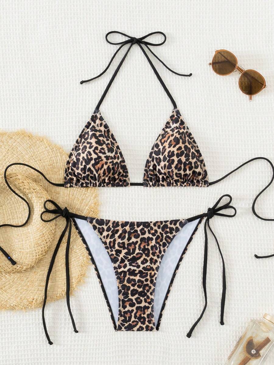 Women's 2-Piece Patchwork Bikini Set - Deep V Halter Tie, Triangle Cup, Multicolor