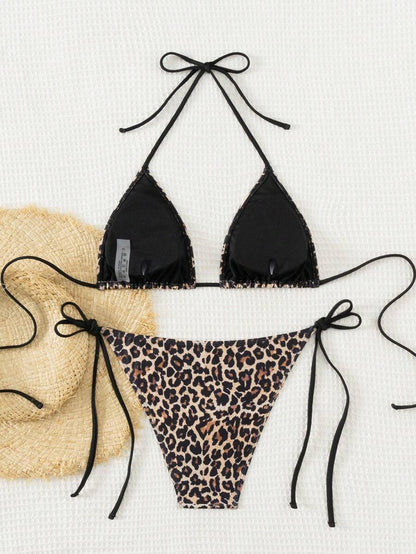 Women's 2-Piece Patchwork Bikini Set - Deep V Halter Tie, Triangle Cup, Multicolor