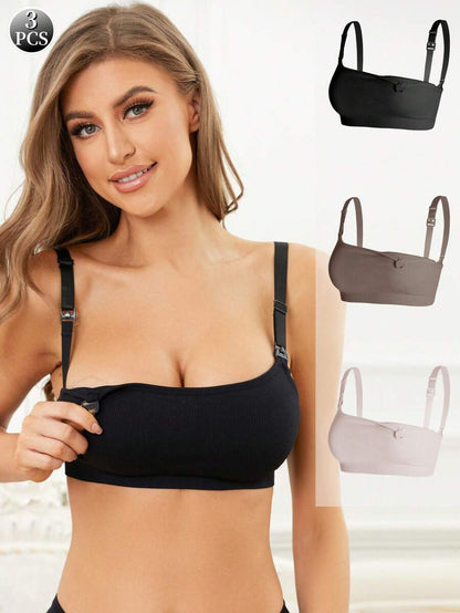 Maternity Nursing Bra Set 3 Pack - Easy Open Breastfeeding Bralette, Black Coffee Skin