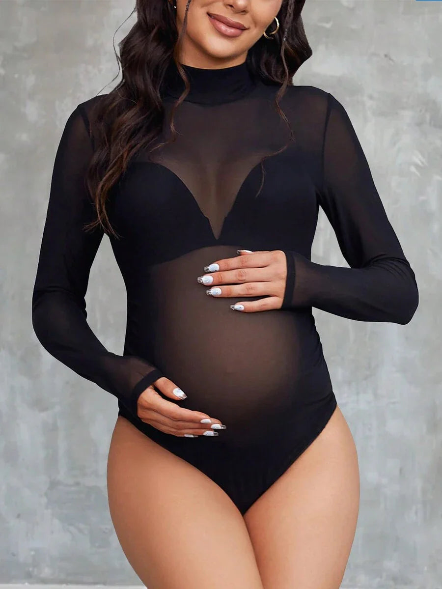Maternity Sheer Mesh Bodysuit – High Neck Long Sleeve, Suitable For Photography