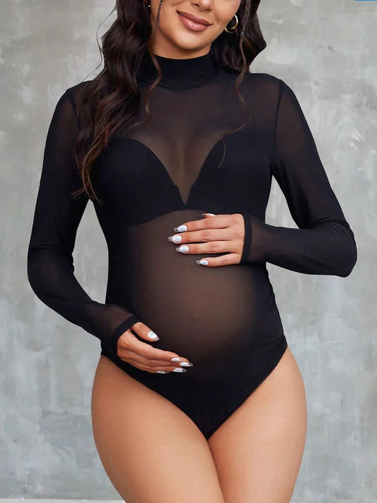 Maternity Sheer Mesh Bodysuit – High Neck Long Sleeve, Suitable For Photography