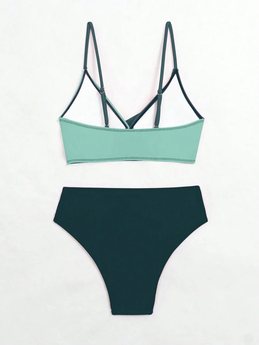 Women's 2-Piece Color-Block Bikini Set - Spaghetti Strap, Criss Cross, High Waist, Multicolor