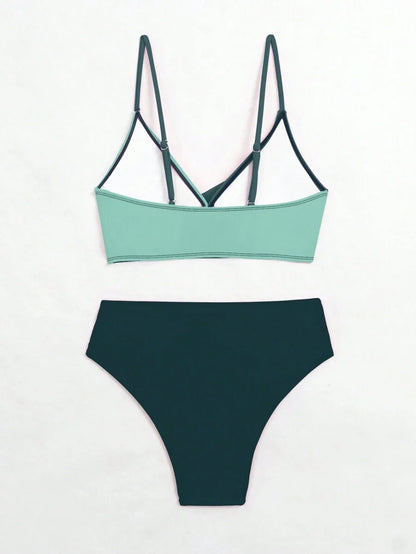 Women's 2-Piece Color-Block Bikini Set - Spaghetti Strap, Criss Cross, High Waist, Multicolor