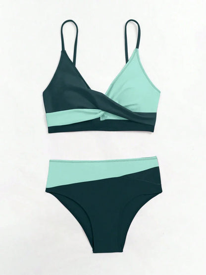 Women's 2-Piece Color-Block Bikini Set - Spaghetti Strap, Criss Cross, High Waist, Multicolor