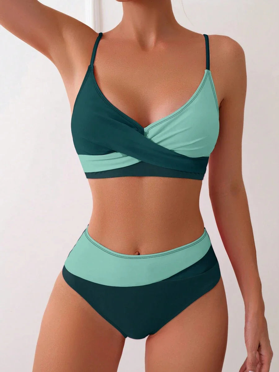 Women's 2-Piece Color-Block Bikini Set - Spaghetti Strap, Criss Cross, High Waist, Multicolor