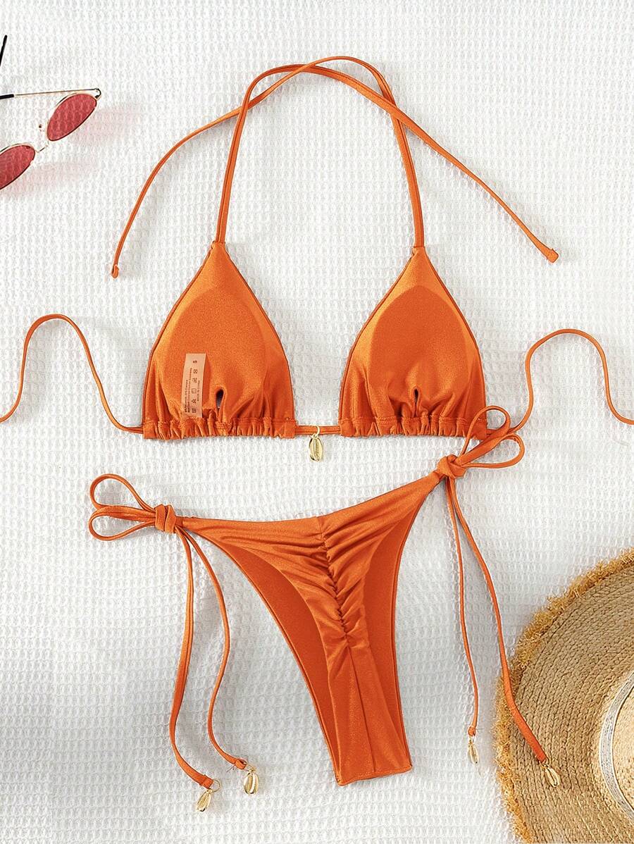 Swim Chiccia Women Spring Break Summer Beach Solid Color Halter Tie Sexy Bikini Swimsuit Set