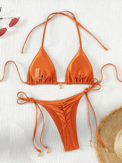 Swim Chiccia Women Spring Break Summer Beach Solid Color Halter Tie Sexy Bikini Swimsuit Set