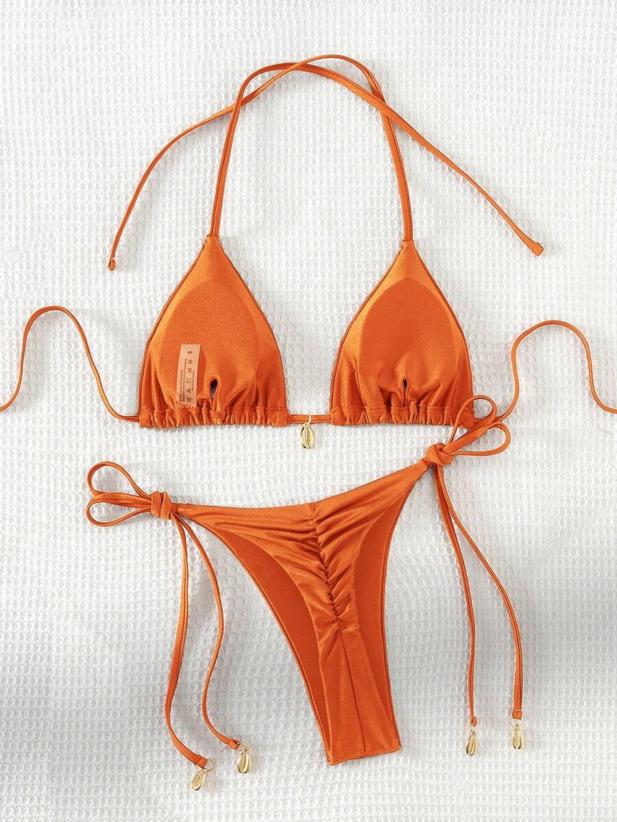 Swim Chiccia Women Spring Break Summer Beach Solid Color Halter Tie Sexy Bikini Swimsuit Set