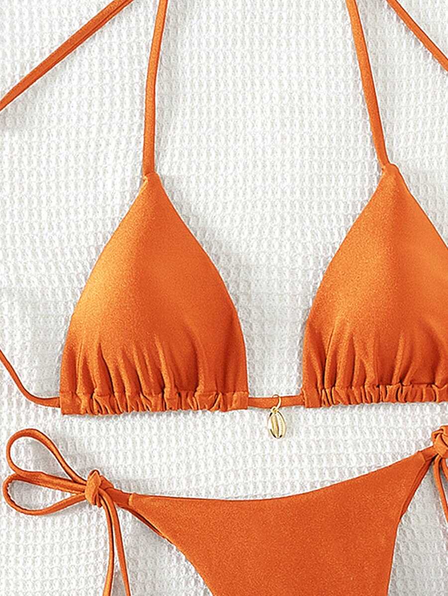 Swim Chiccia Women Spring Break Summer Beach Solid Color Halter Tie Sexy Bikini Swimsuit Set