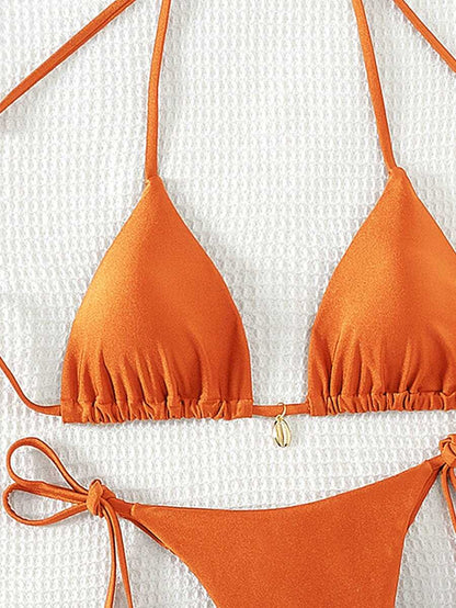Swim Chiccia Women Spring Break Summer Beach Solid Color Halter Tie Sexy Bikini Swimsuit Set