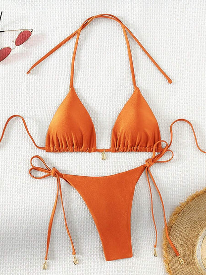 Swim Chiccia Women Spring Break Summer Beach Solid Color Halter Tie Sexy Bikini Swimsuit Set