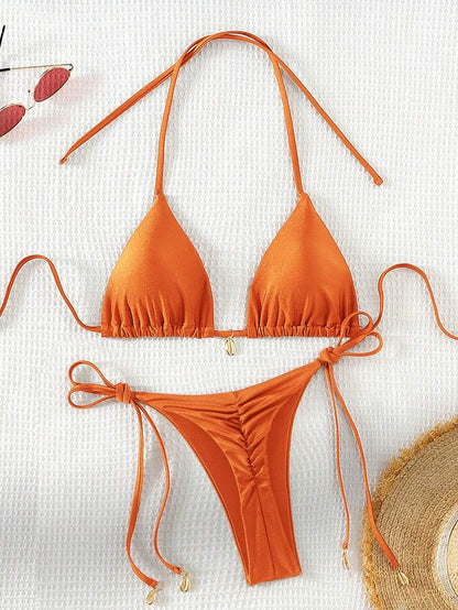 Swim Chiccia Women Spring Break Summer Beach Solid Color Halter Tie Sexy Bikini Swimsuit Set