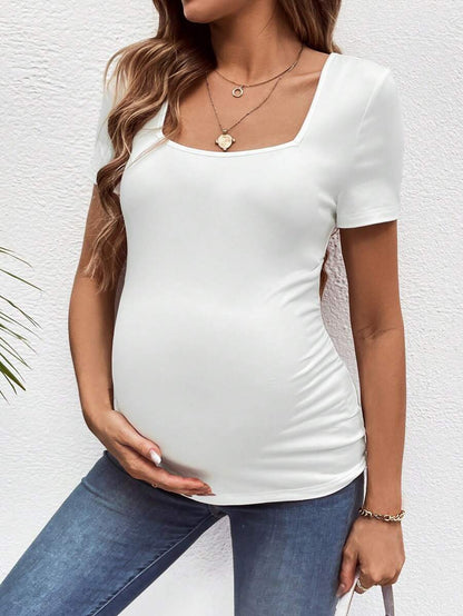 3-Piece Maternity Ribbed Knit Short Sleeve T-Shirt Set - Black White Gray Scoop Neck Fitted Pregnancy Basics