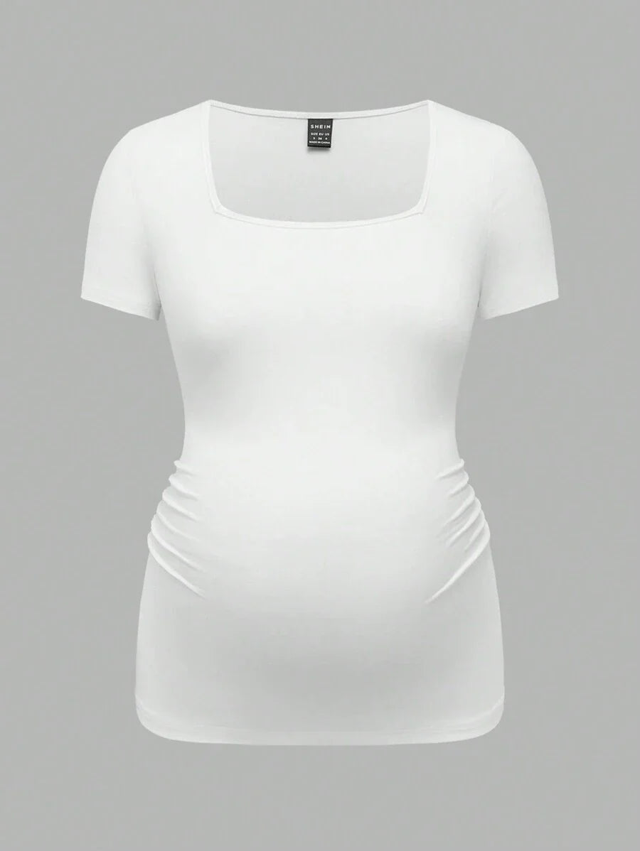 3-Piece Maternity Ribbed Knit Short Sleeve T-Shirt Set - Black White Gray Scoop Neck Fitted Pregnancy Basics