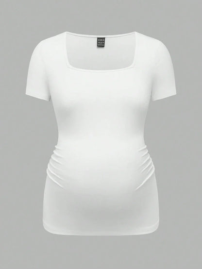 3-Piece Maternity Ribbed Knit Short Sleeve T-Shirt Set - Black White Gray Scoop Neck Fitted Pregnancy Basics