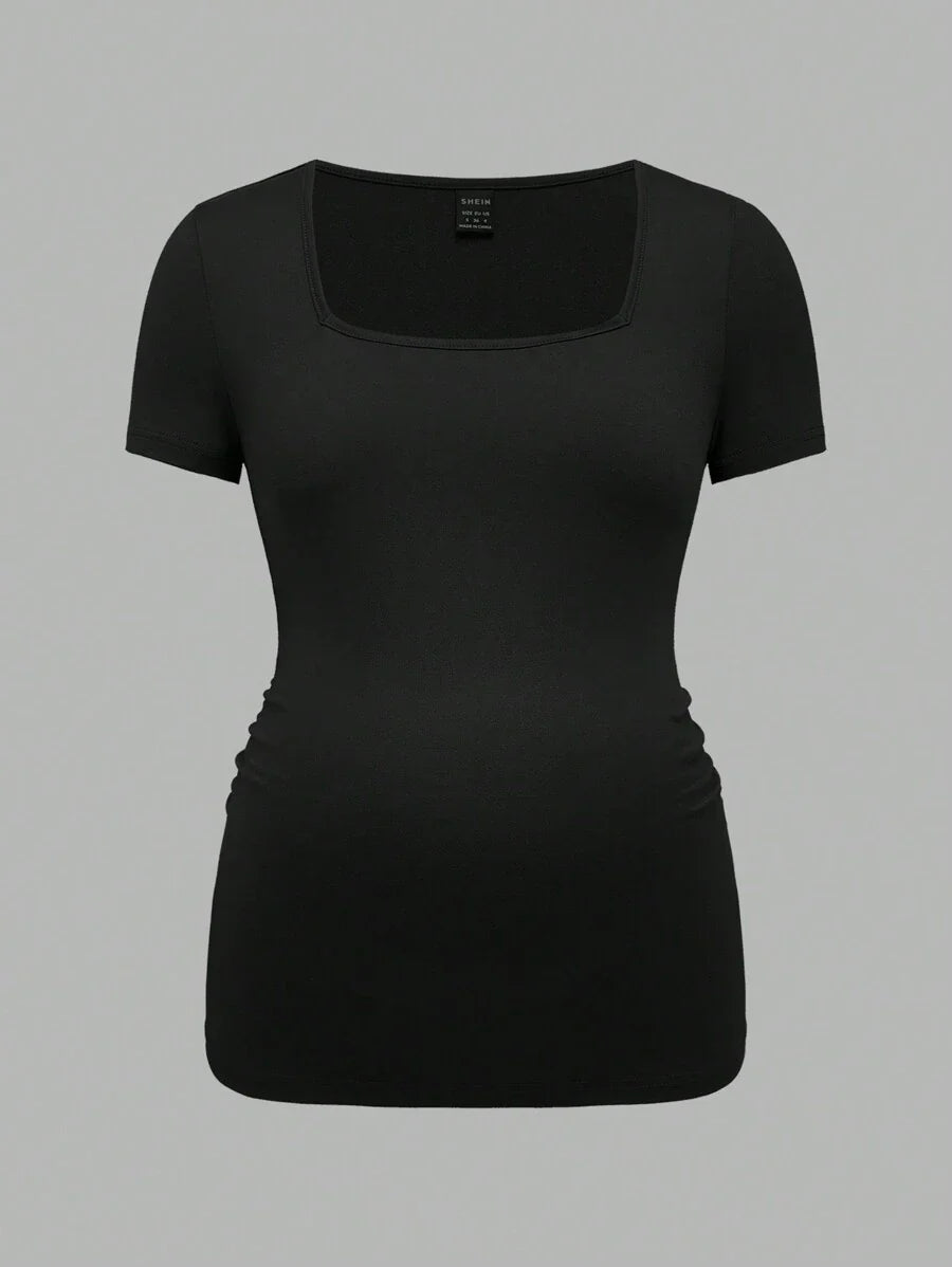 3-Piece Maternity Ribbed Knit Short Sleeve T-Shirt Set - Black White Gray Scoop Neck Fitted Pregnancy Basics