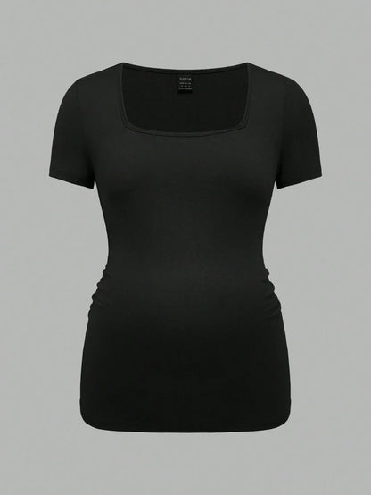 3-Piece Maternity Ribbed Knit Short Sleeve T-Shirt Set - Black White Gray Scoop Neck Fitted Pregnancy Basics