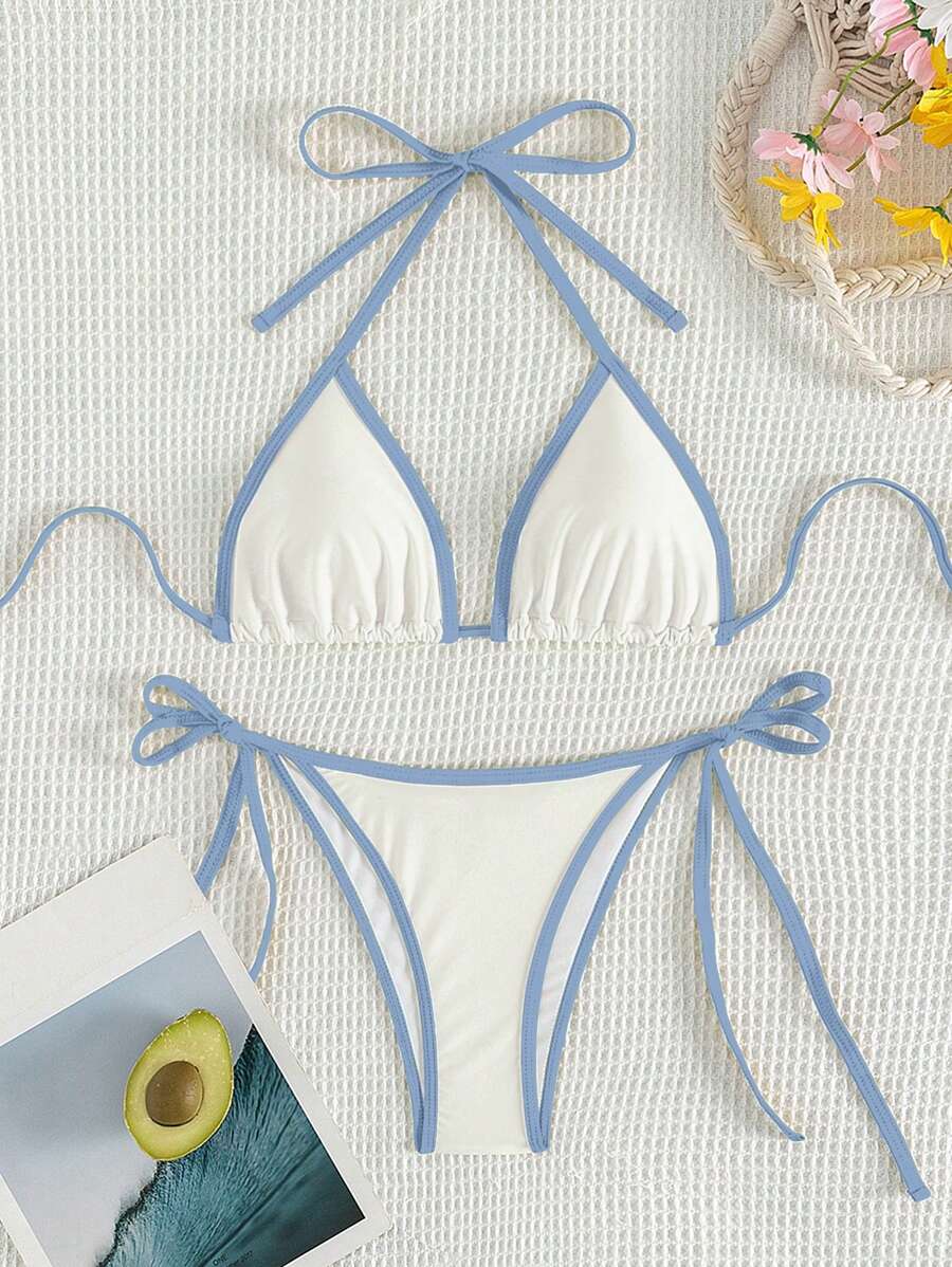 Swim Vcay Women's Summer Beach Contrast Color Halter Tie Sexy Bikini And Triangle Panty Swimwear Set Blue Bikini Yacht Party Outfit Vacation Bikini Boat Party Outfit Women Tie Side Bikini Triangle Bikini Set Light Blue Bikini