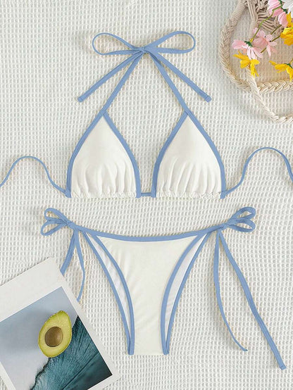 Swim Vcay Women's Summer Beach Contrast Color Halter Tie Sexy Bikini And Triangle Panty Swimwear Set Blue Bikini Yacht Party Outfit Vacation Bikini Boat Party Outfit Women Tie Side Bikini Triangle Bikini Set Light Blue Bikini