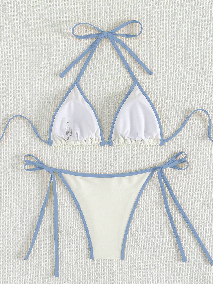 Swim Vcay Women's Summer Beach Contrast Color Halter Tie Sexy Bikini And Triangle Panty Swimwear Set Blue Bikini Yacht Party Outfit Vacation Bikini Boat Party Outfit Women Tie Side Bikini Triangle Bikini Set Light Blue Bikini
