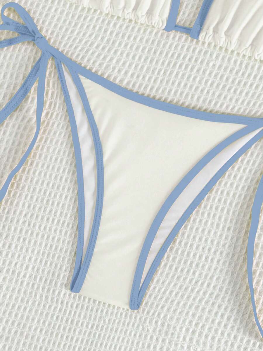 Swim Vcay Women's Summer Beach Contrast Color Halter Tie Sexy Bikini And Triangle Panty Swimwear Set Blue Bikini Yacht Party Outfit Vacation Bikini Boat Party Outfit Women Tie Side Bikini Triangle Bikini Set Light Blue Bikini