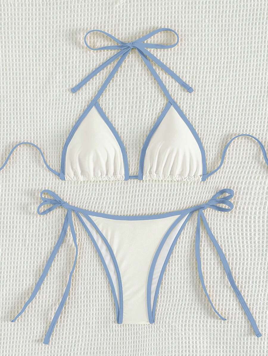 Swim Vcay Women's Summer Beach Contrast Color Halter Tie Sexy Bikini And Triangle Panty Swimwear Set Blue Bikini Yacht Party Outfit Vacation Bikini Boat Party Outfit Women Tie Side Bikini Triangle Bikini Set Light Blue Bikini