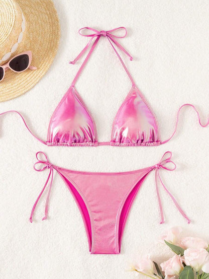 Swim Vcay Summer Beach Metallic Halter Triangle Tie Side Bikini Set