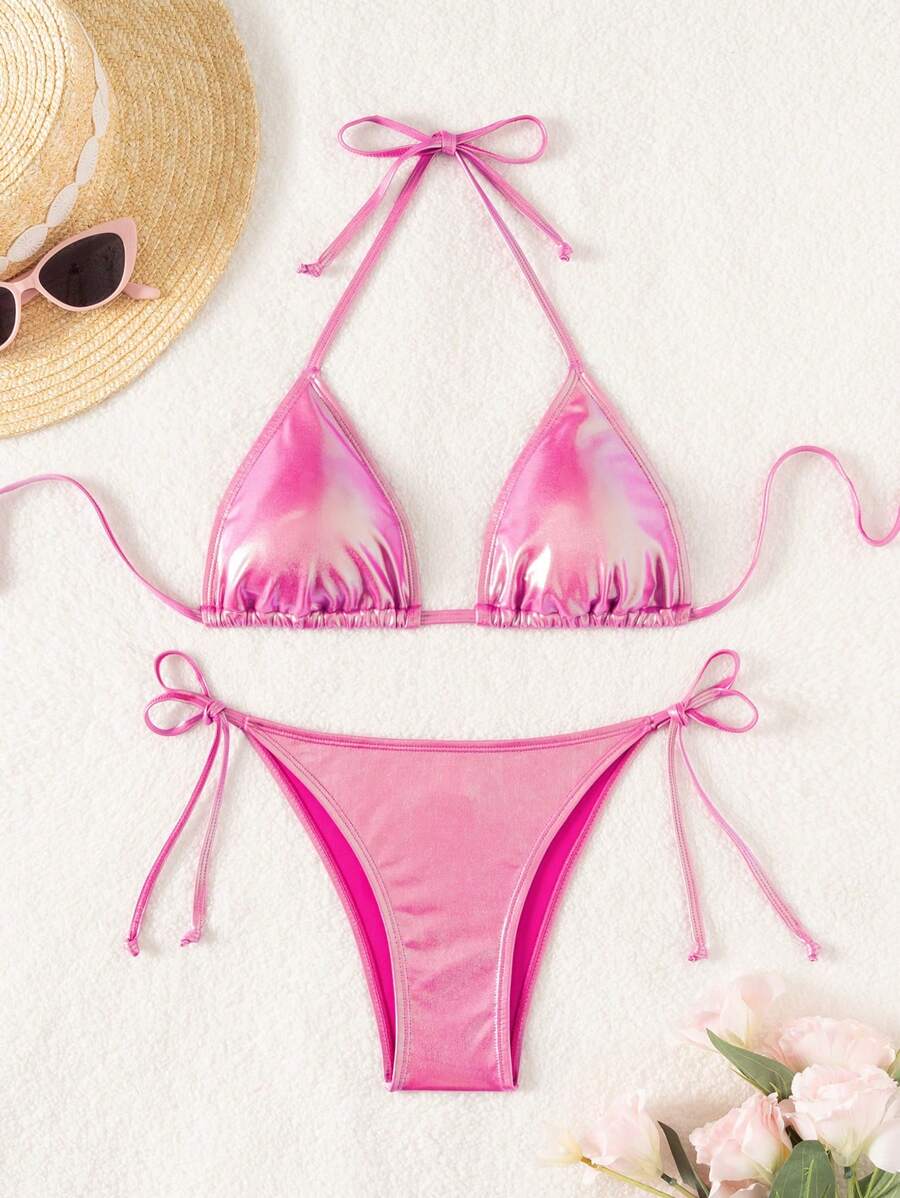 Swim Vcay Solid Color Halter Twist Split Bikini Set For Summer Beach Vacation