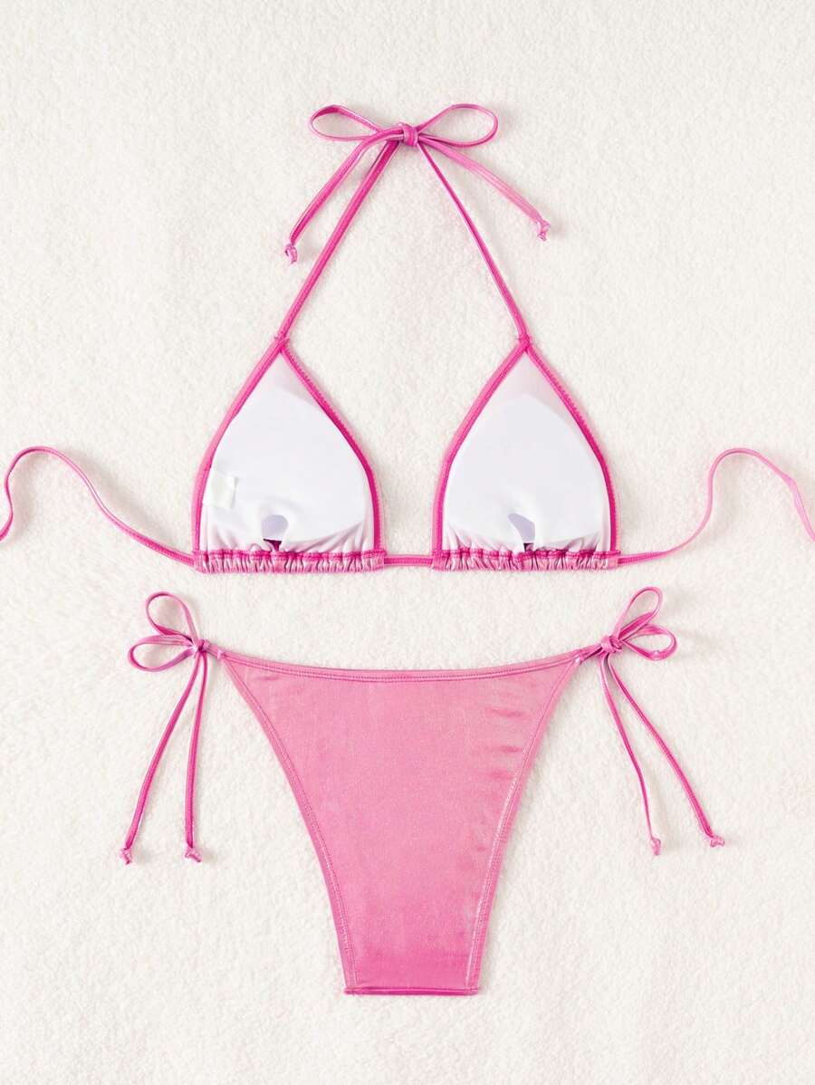 Swim Vcay Summer Beach Metallic Halter Triangle Tie Side Bikini Set