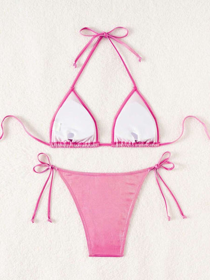 Swim Vcay Solid Color Halter Twist Split Bikini Set For Summer Beach Vacation