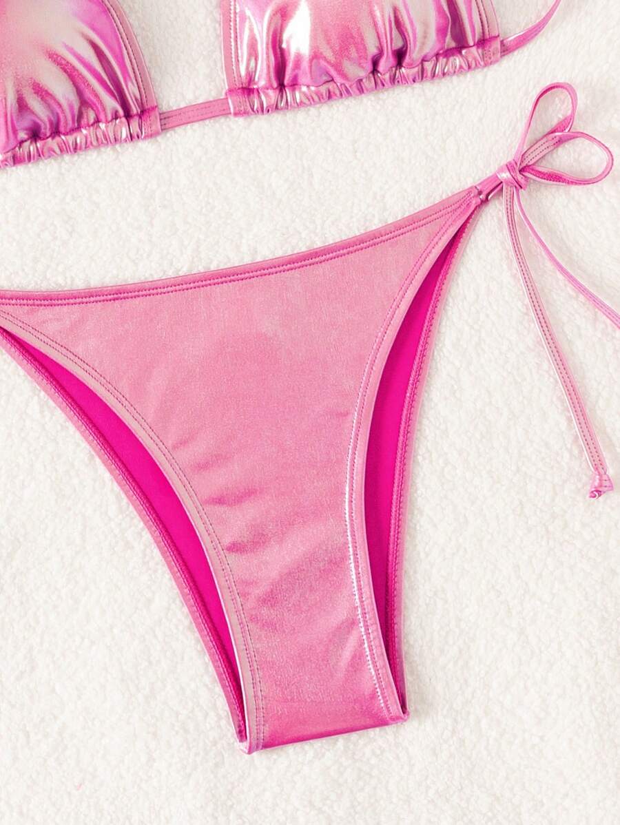 Swim Vcay Summer Beach Metallic Halter Triangle Tie Side Bikini Set