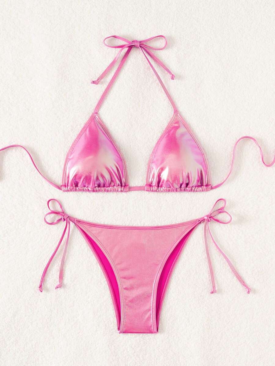 Swim Vcay Summer Beach Metallic Halter Triangle Tie Side Bikini Set