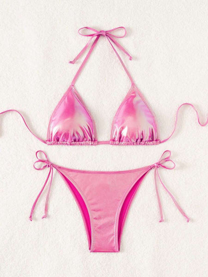 Swim Vcay Solid Color Halter Twist Split Bikini Set For Summer Beach Vacation