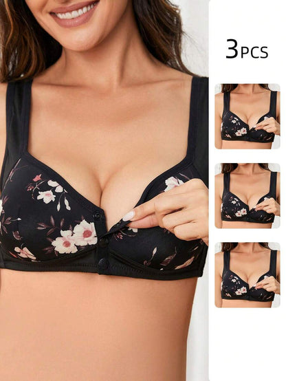 Moonlight&Mama 3pcs Maternity Floral Front Open Nursing Bra