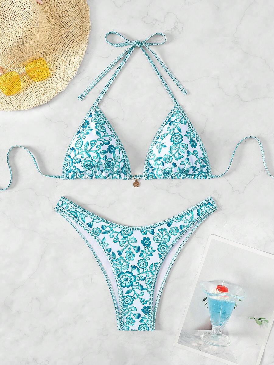 Women's 2-Piece Boho Halter Bikini Set - Tie Detail, High Cut, Floral Print, Green