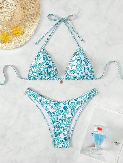 Women's 2-Piece Boho Halter Bikini Set - Tie Detail, High Cut, Floral Print, Green