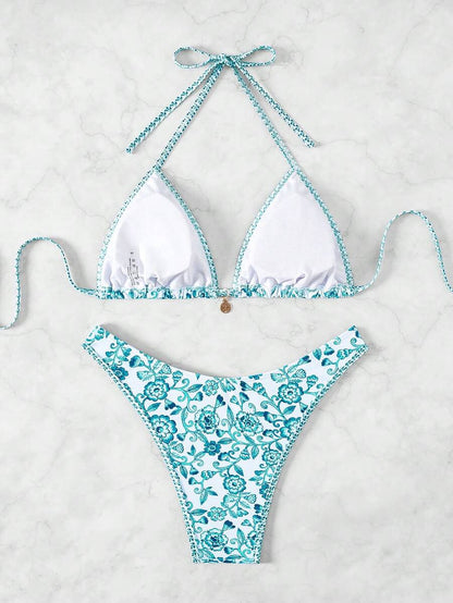 Women's 2-Piece Boho Halter Bikini Set - Tie Detail, High Cut, Floral Print, Green