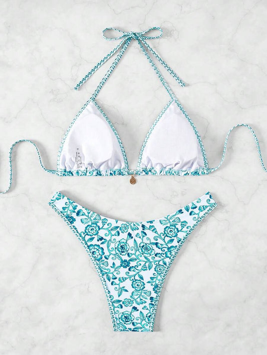 Women's 2-Piece Boho Halter Bikini Set - Tie Detail, High Cut, Floral Print, Green