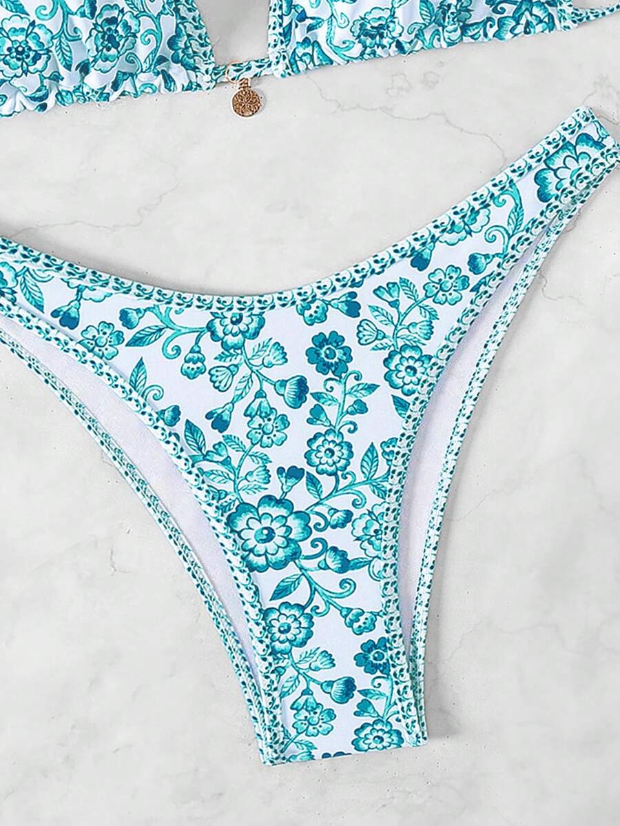 Women's 2-Piece Boho Halter Bikini Set - Tie Detail, High Cut, Floral Print, Green