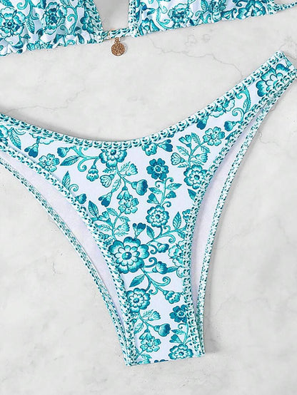 Women's 2-Piece Boho Halter Bikini Set - Tie Detail, High Cut, Floral Print, Green