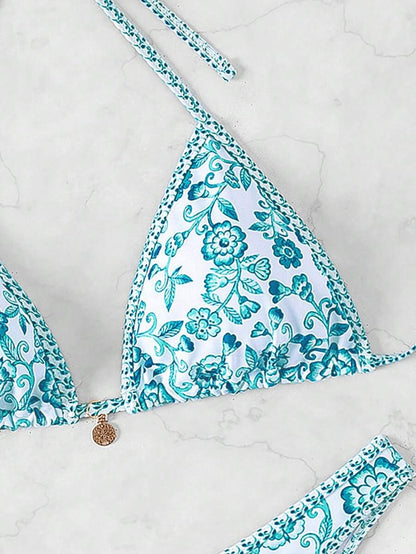 Women's 2-Piece Boho Halter Bikini Set - Tie Detail, High Cut, Floral Print, Green