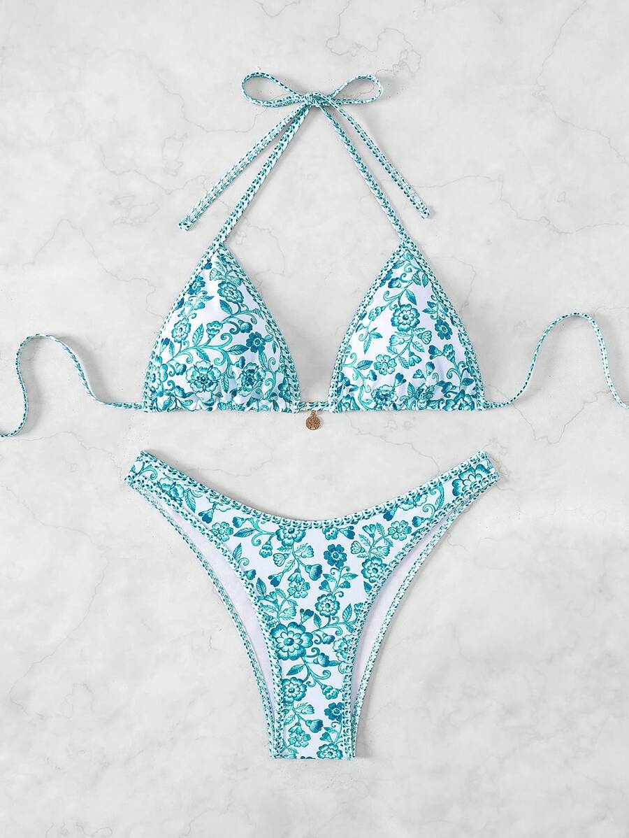 Women's 2-Piece Boho Halter Bikini Set - Tie Detail, High Cut, Floral Print, Green