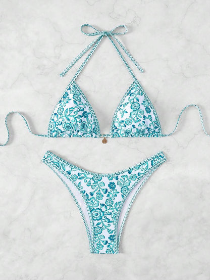 Women's 2-Piece Boho Halter Bikini Set - Tie Detail, High Cut, Floral Print, Green