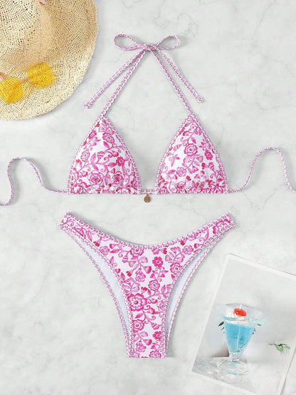 Women's 2-Piece Boho Halter Bikini Set - Tie Detail, High Cut, Floral Print, Green
