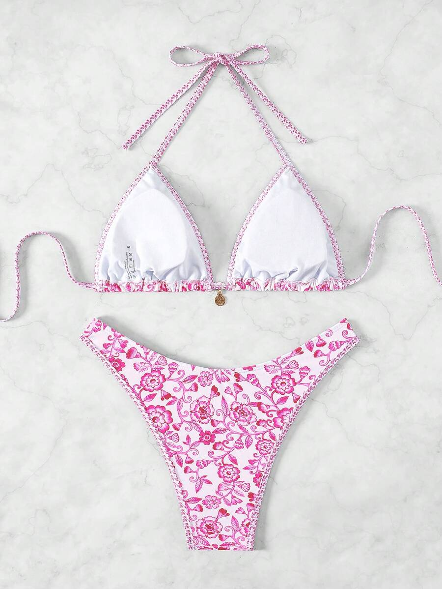 Women's 2-Piece Boho Halter Bikini Set - Tie Detail, High Cut, Floral Print, Green
