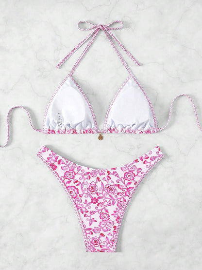 Women's 2-Piece Boho Halter Bikini Set - Tie Detail, High Cut, Floral Print, Green