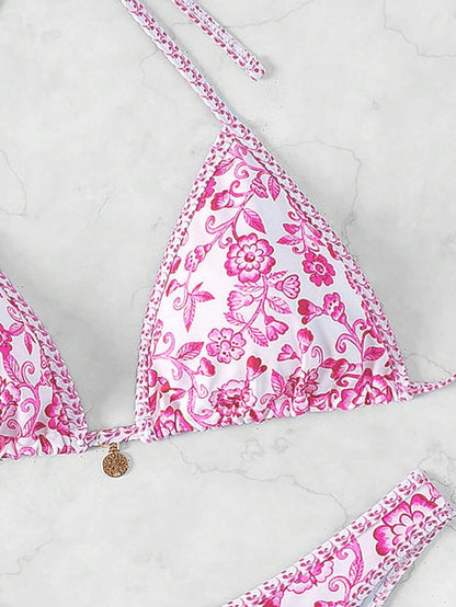 Women's 2-Piece Boho Halter Bikini Set - Tie Detail, High Cut, Floral Print, Green