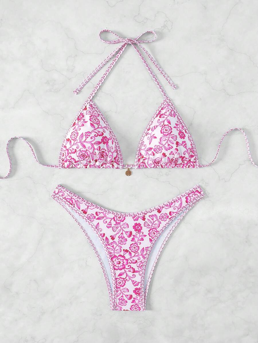 Women's 2-Piece Boho Halter Bikini Set - Tie Detail, High Cut, Floral Print, Green